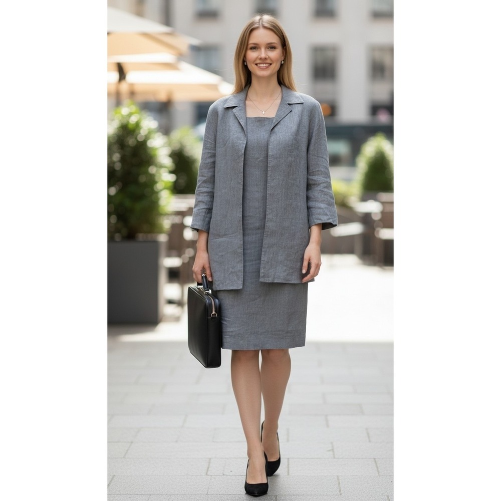 Max Mara Dress 2 Piece Suit 100% Linen Size 10 Gray Made in Italy #977